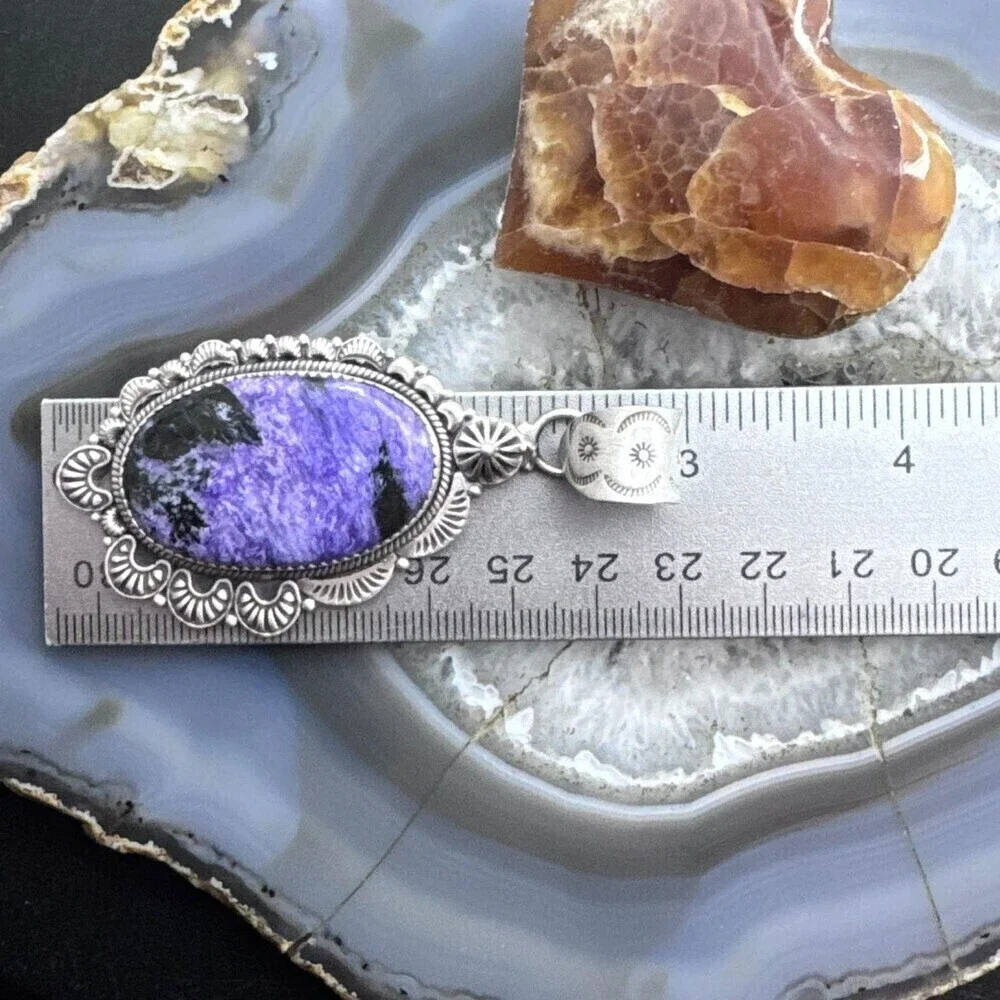 Sterling Southwestern Style Large Oval Charoite Decorated Pendant For Women